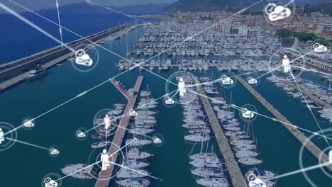 animación de la red de conexiones con iconos sobre el puerto en el fondo