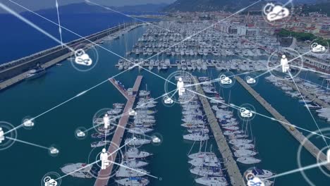 animation of network of connections with icons over port in background