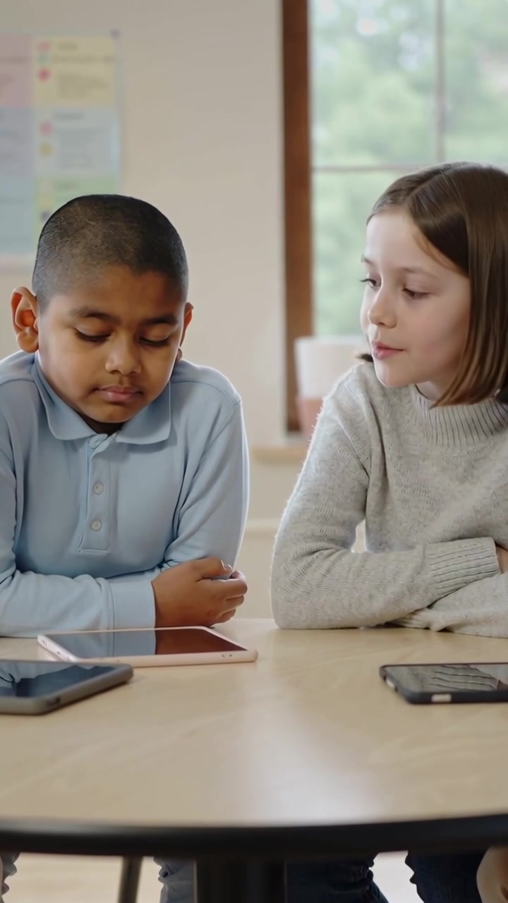 Vertical video: Turning girl talking while boy listening in class for group work with tablets phone