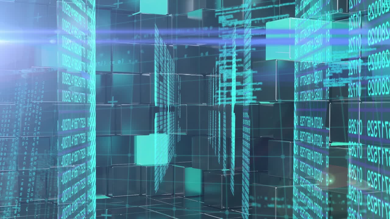Animation of data processing and squares over black background