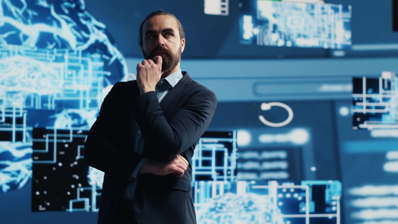 Business leader observes artificial intelligence neural network data