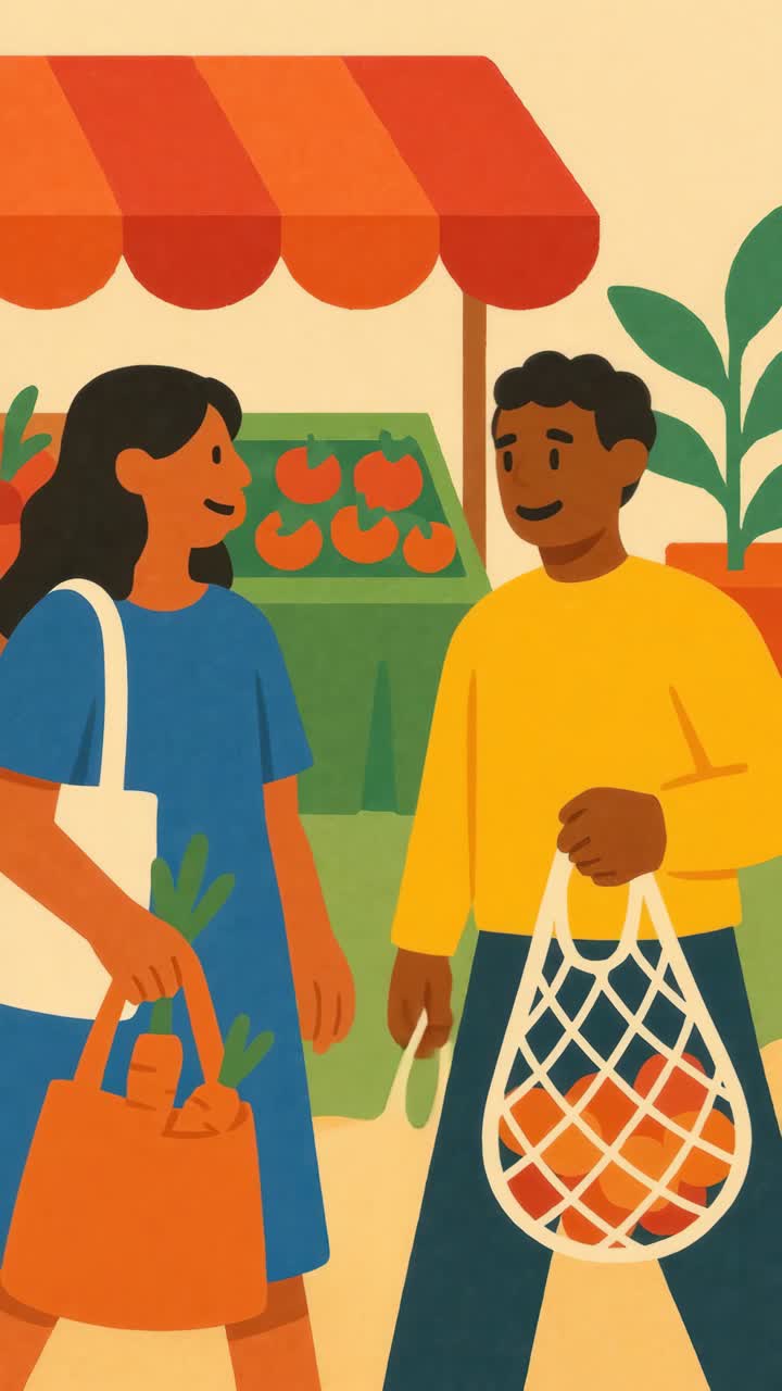 Illustrazione di una coppia sorridente in un mercato con sacchetti di prodotti