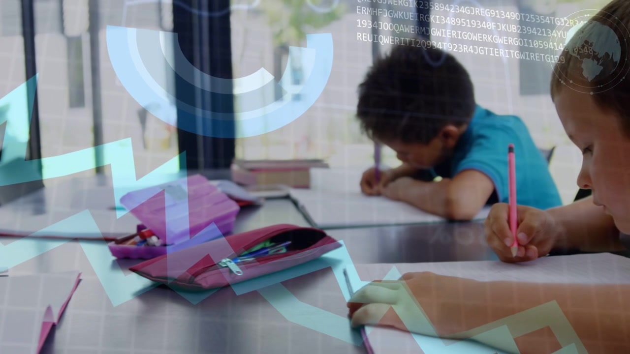 Two boys writing at table while data overlay appearing, animating charts over pages for school