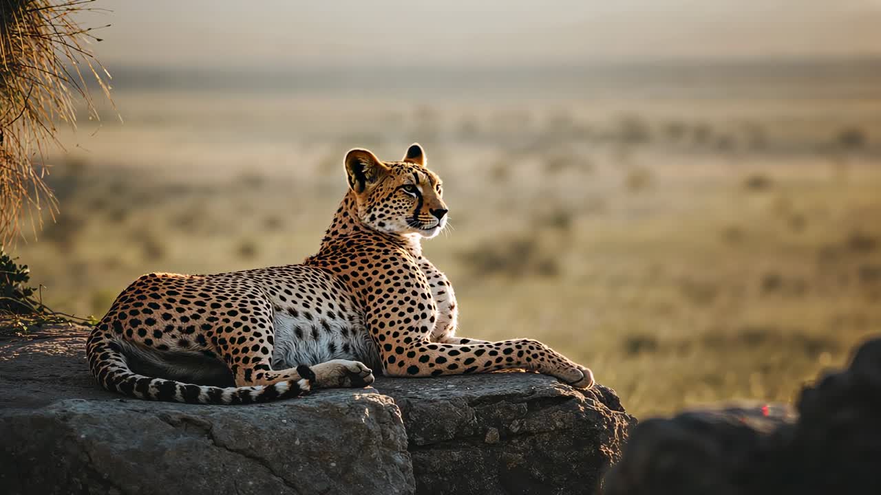 After resting cheetah lifting head and shifting weight on rock ledge in savannah scanning grassland