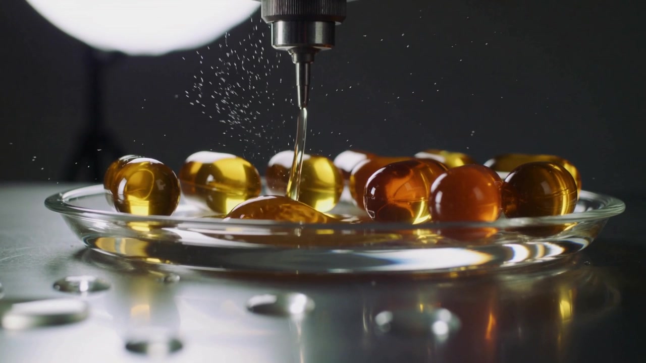 Ugello che si abbassa tramite un attuatore, toccando una sfera di gel ambrato in una capsula di vetro in laboratorio, testando la deformazione.