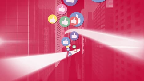 animation of social media thumbs up icons over cityscape