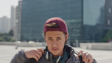 portrait relaxed young teenage boy looking confident enjoying beautiful sunny day in city caucasian student commuting