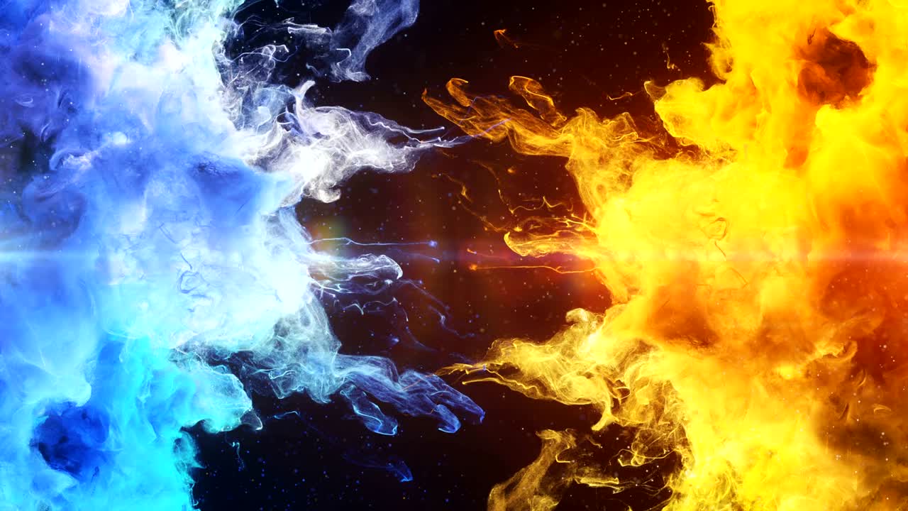 Color Burst - two blue yellow colorful smoke explosions fluid powder liquid gas particles slow motion alpha matte