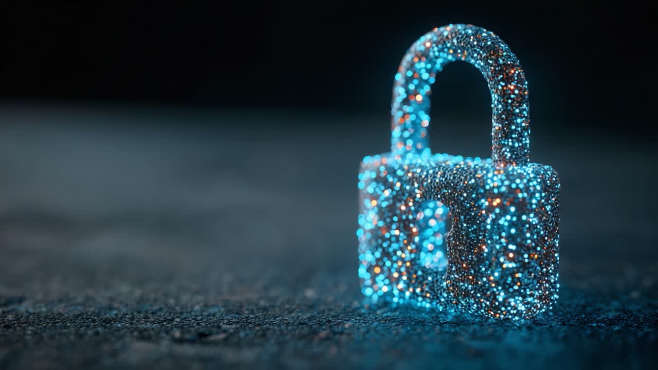 A Glimmering Padlock: Exploring the Contrast Between a Sparkling Digital Padlock Illuminated in Blue and an Orange Glow, Symbolizing Security and Data Protection