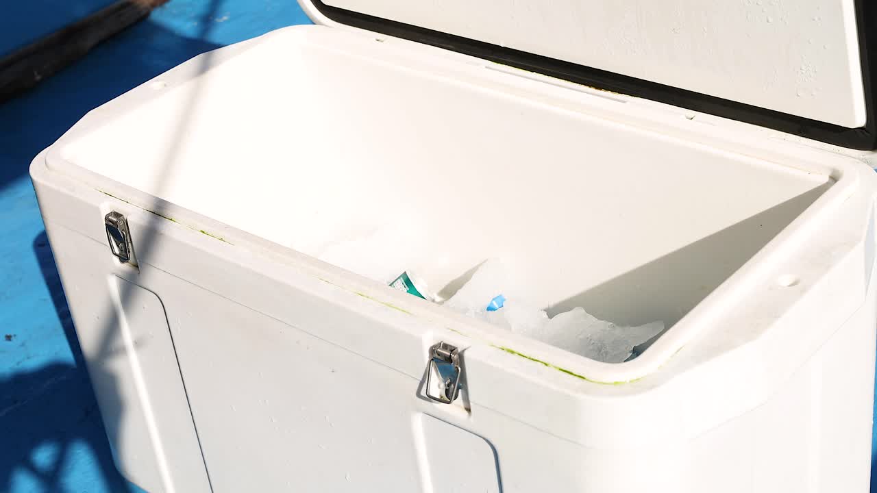 una persona abre un refrigerador, revelando hielo y botellas en el interior, bajo la luz del sol brillante en una superficie azul