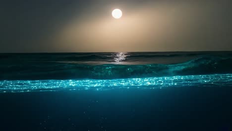 ocean water surface rises slowly at night, revealing a stunning full moon above, creating a serene and tranquil atmosphere