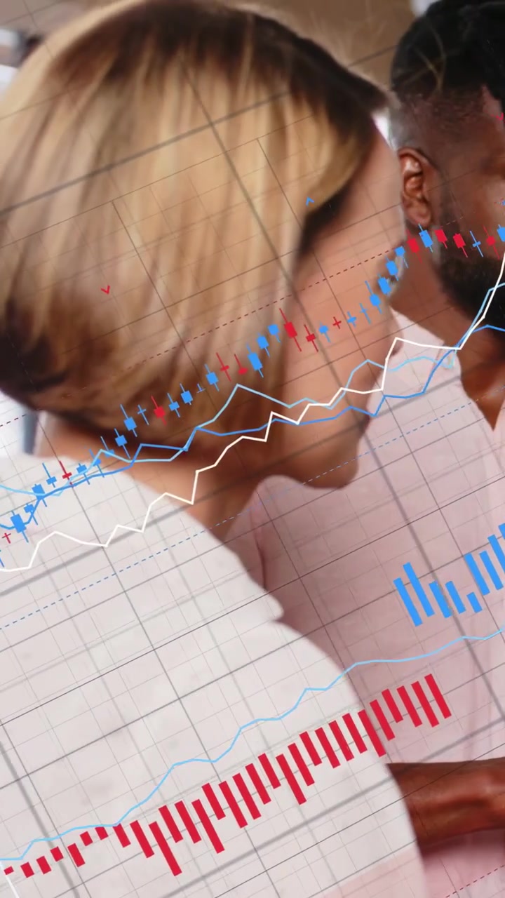 Vertical video: Woman turning, sparking charts, man appearing across frame, analyzing business data
