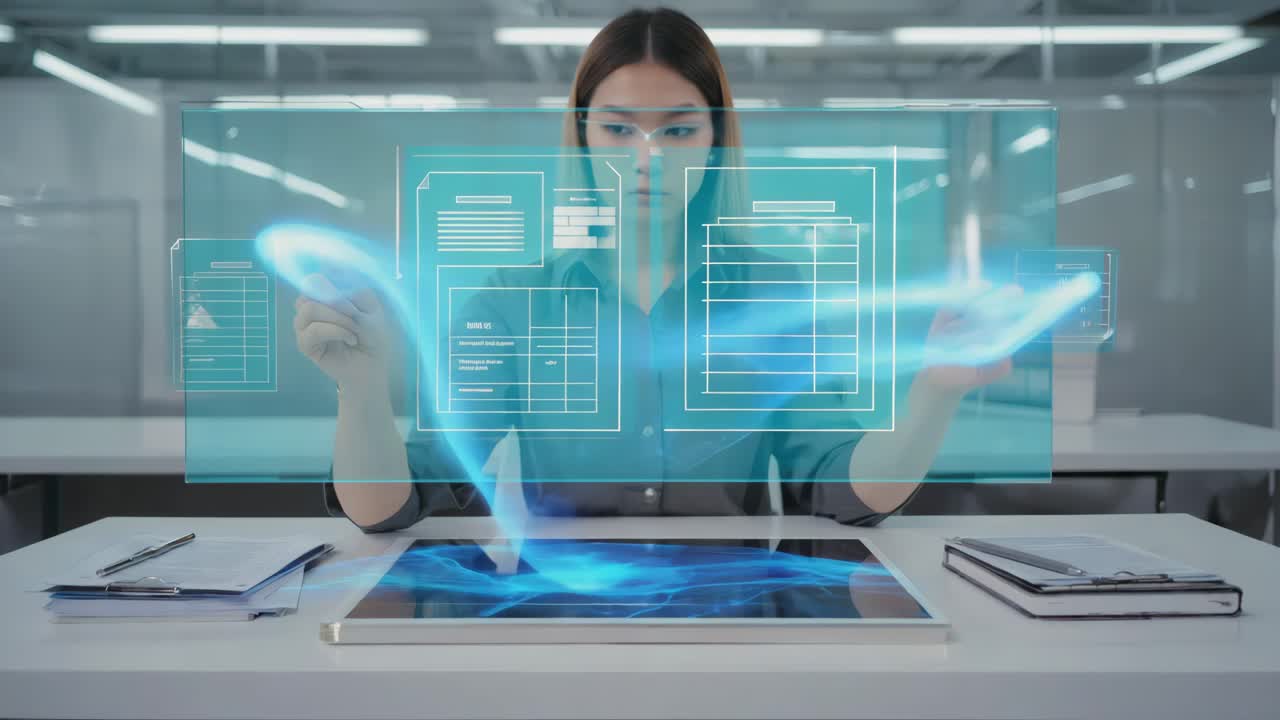 Woman working with holographic interface in modern office
