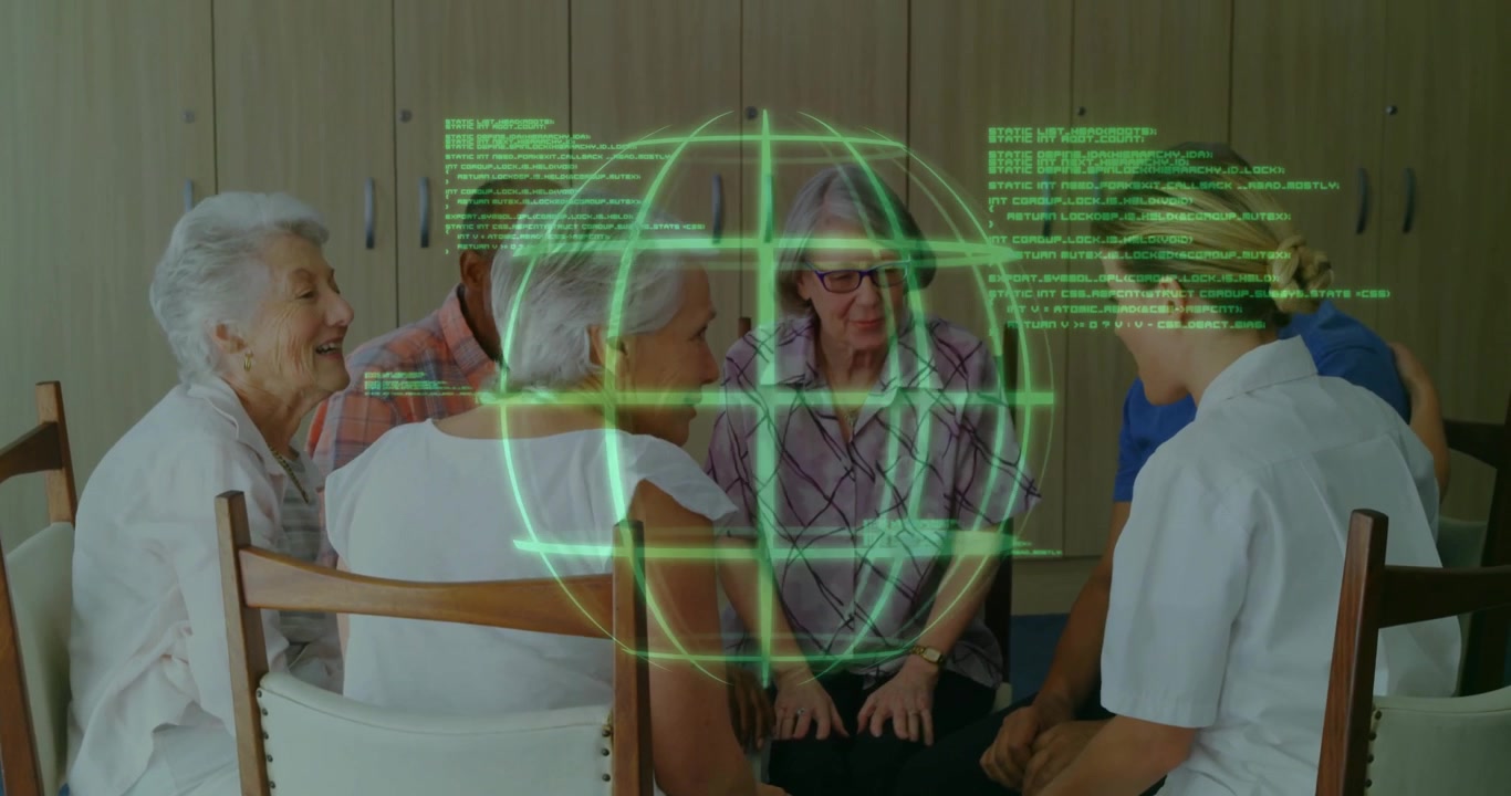Infermiera che guida anziani sorridendo e muovendosi per connettersi in terapia mentre emerge una sfera di dati luminosa.