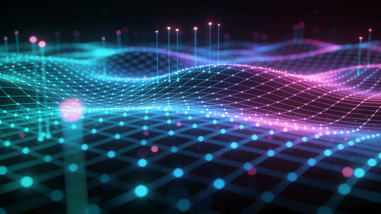Flowing neon grid shifting after camera low view nodes pulsing pillars rising showing data in void