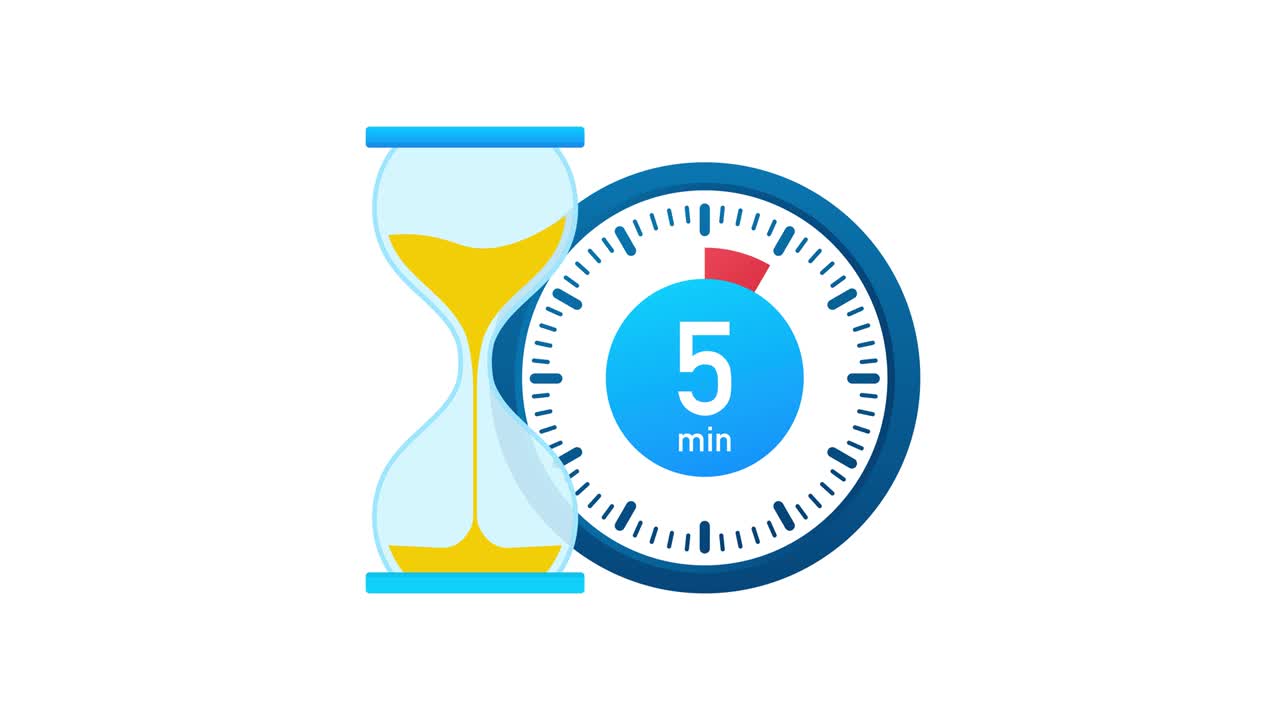 The 5 minutes, stopwatch  icon. Stopwatch icon in flat style, timer on on color background. Motion graphics.