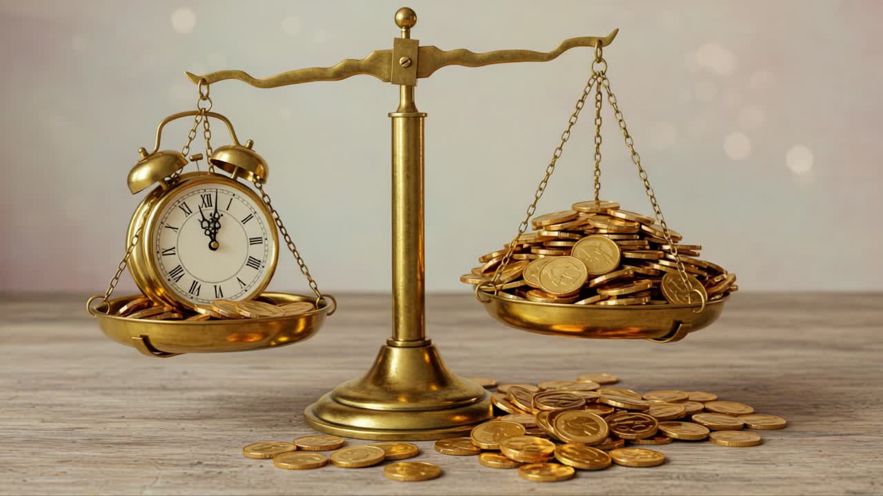 A Symbolic Representation of Time and Wealth: The Balance of a Clock and Coins on a Scale Emphasizing the Interplay Between Financial Resources and Temporal Value
