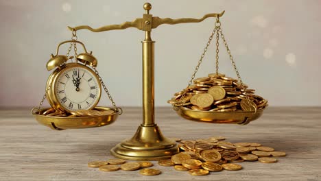 a symbolic representation of time and wealth: the balance of a clock and coins on a scale emphasizing the interplay between financial resources and temporal value