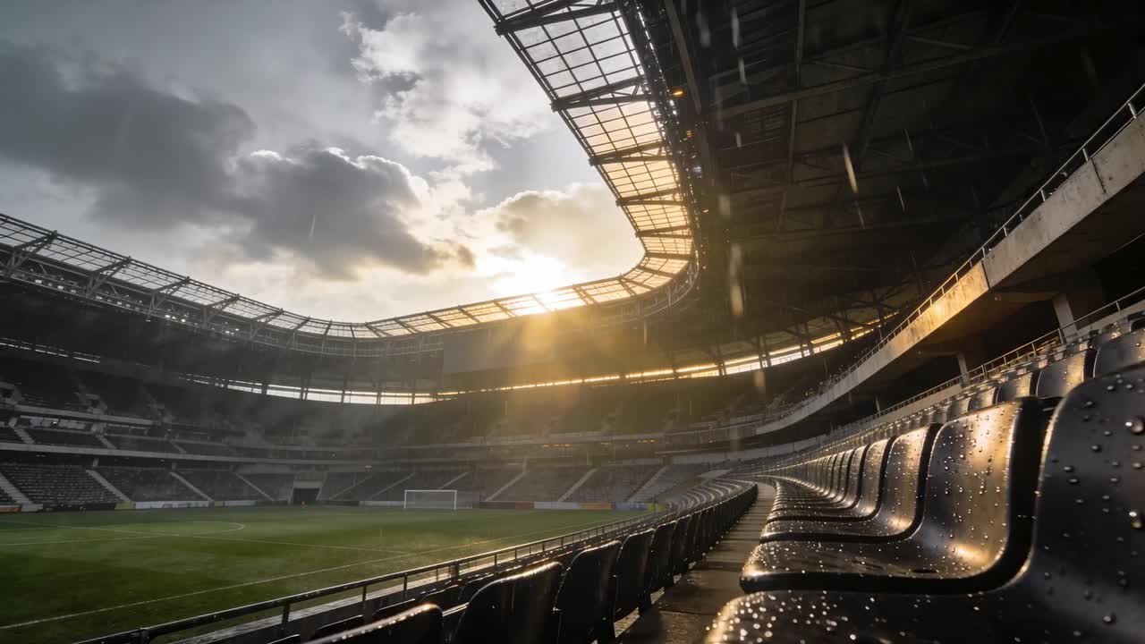 Sedili di plastica neri luccicanti che riflettono un raggio di sole che penetra il tetto dello stadio, dopo la pioggia, con spazio per il testo.