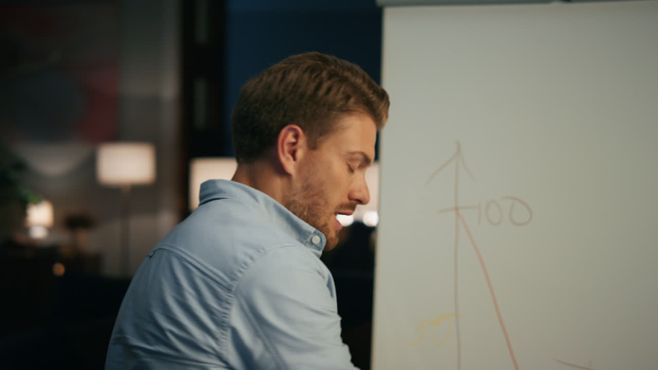 активный человек рисует на доске в удаленном офисе. специалист объясняет план