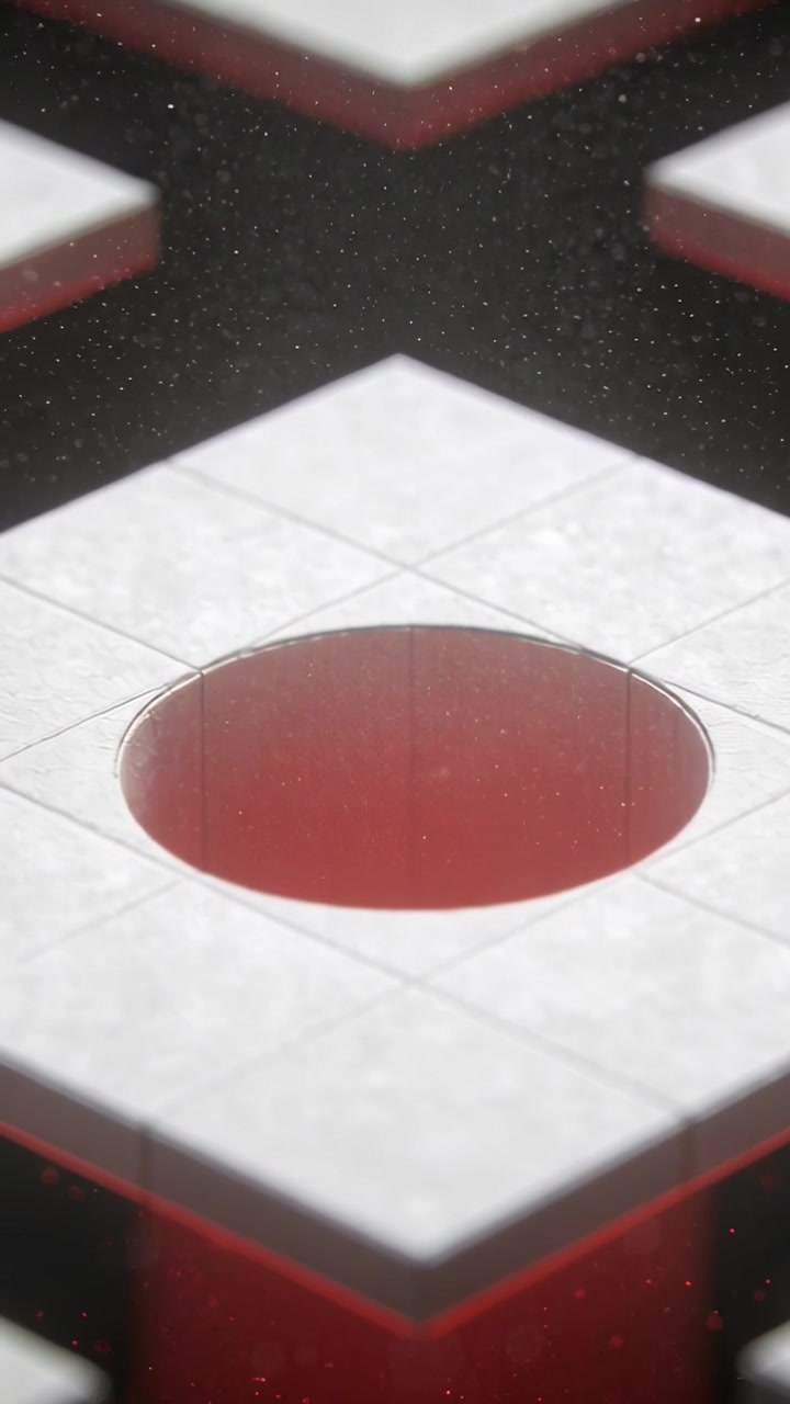 Pystyvideo: Kamera vetäytyy taaksepäin 3D-ruudukon yli, näyttäen valkoisen neliömäisen laatan, jossa on reikä, ja punaisen kaivon.