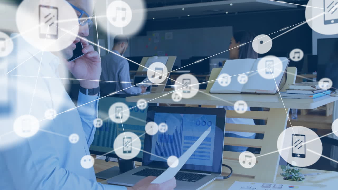 Business professionals collaborating in office, with floating smartphone and music note icons