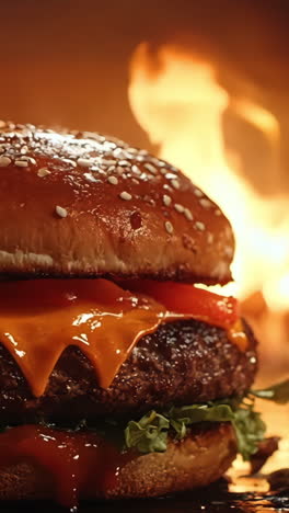 a burger with a lot of cheese and tomato on it. the burger is on a plate with a fire in the background