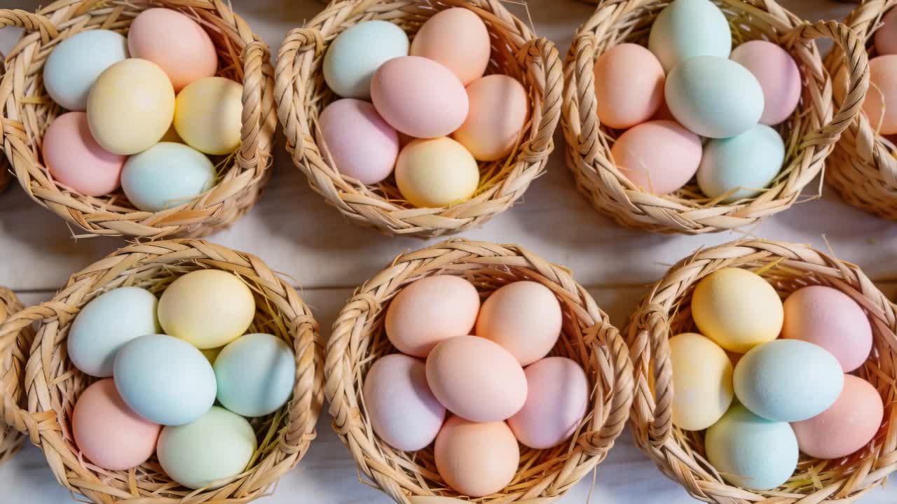 Pulling back, camera revealing small woven baskets filled with pastel eggs on wood shelf for sale