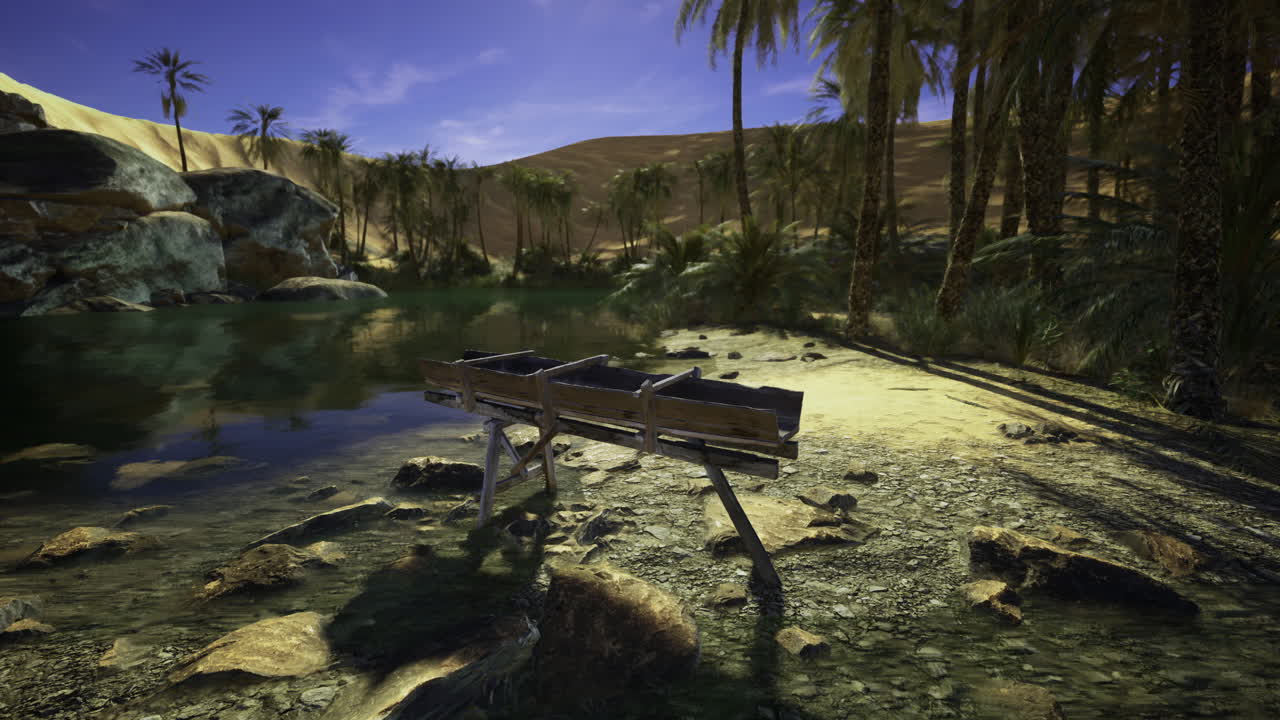 Calm oasis setting with rustic wooden structure near still waters