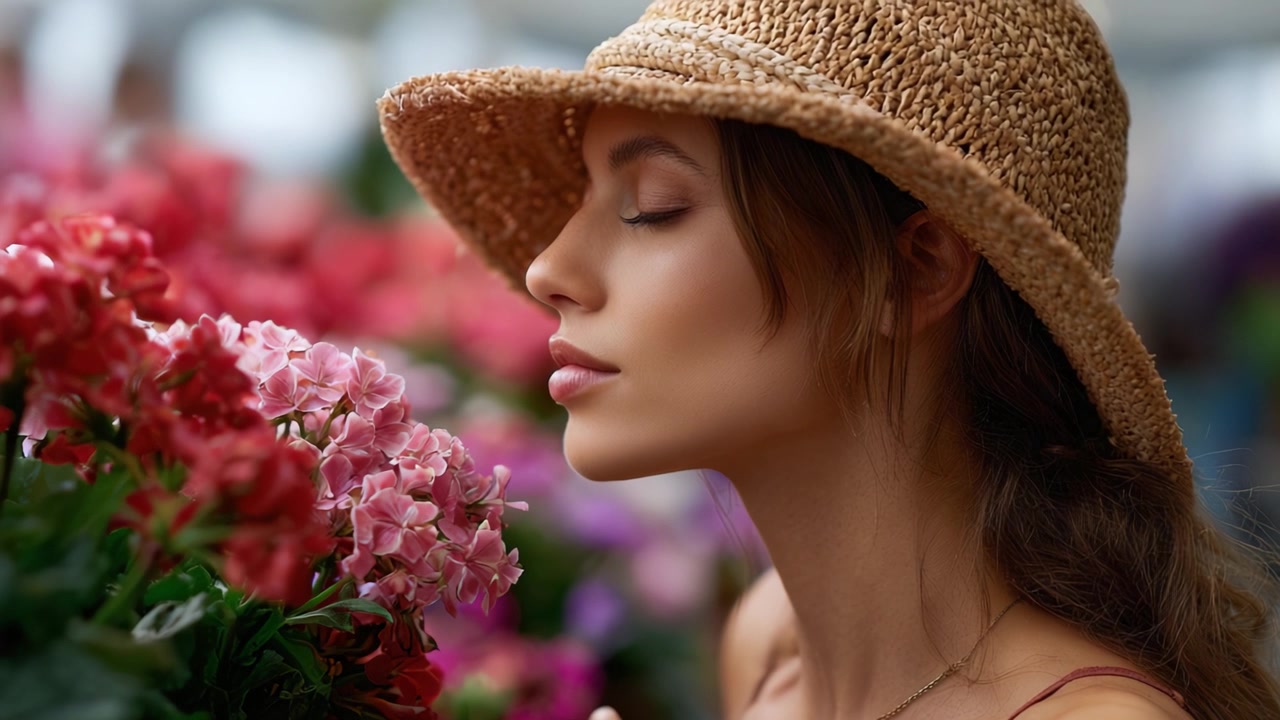 Un momento sereno nella natura: una giovane donna si gode appieno il profumo di fiori vivaci mentre indossa un cappello di paglia in un ambiente botanico colorato.