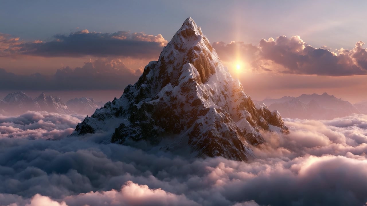 Una vetta montuosa mozzafiato che emerge dalle nuvole all'alba, irradiando calore e splendore, circondata da una natura maestosa e tenui tonalità di luce.