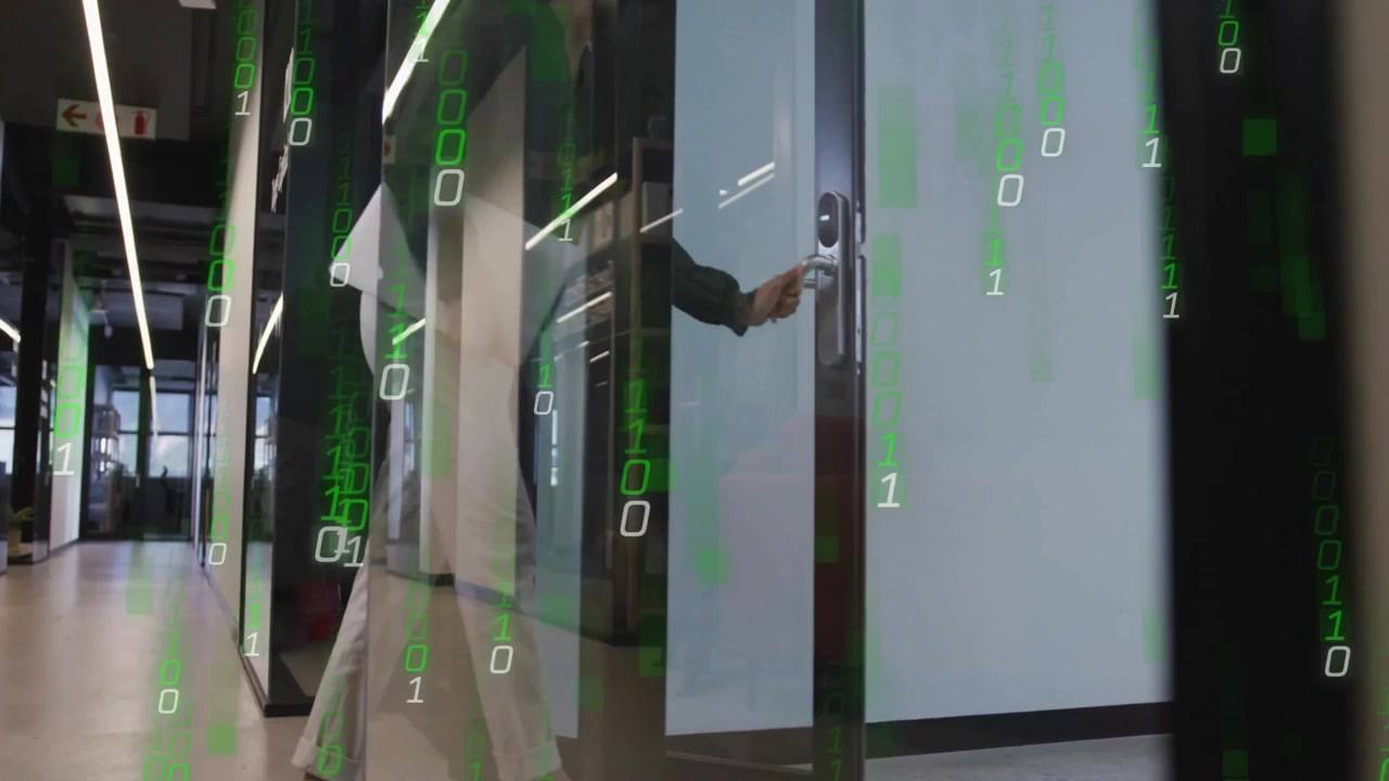 Woman walking corridor showing binary overlay before pulling glass door handle entering data room