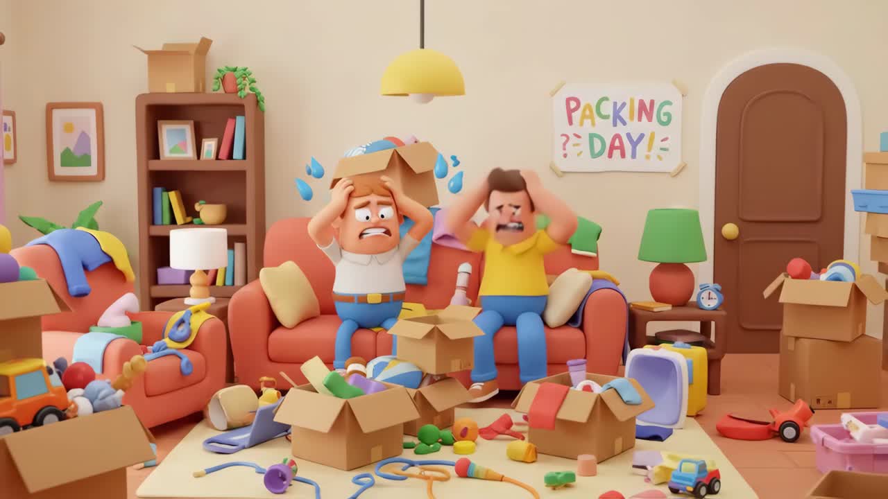 Two Animated Men Overwhelmed by Stressful Packing Day
