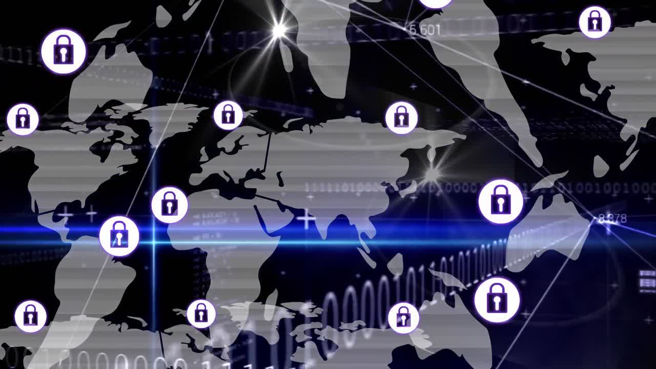 바이너리 코딩의 애니메이션, 세계 지도 위의 아이콘으로 연결된 네트워크