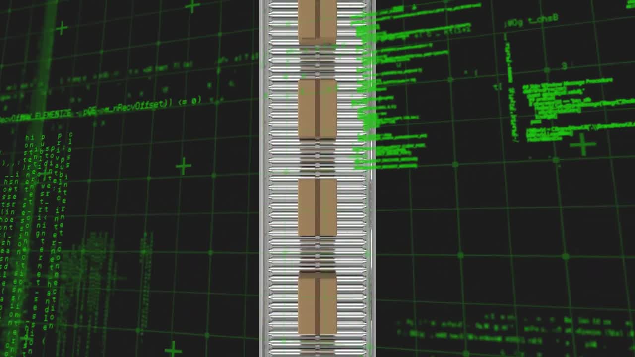 animación del lenguaje informático sobre cajas de cartón en cinta transportadora contra un fondo negro