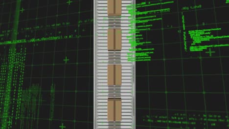 검은색 배경에 대한 컨베이어 벨트에 있는 카드보드 상자 위의 컴퓨터 언어의 애니메이션