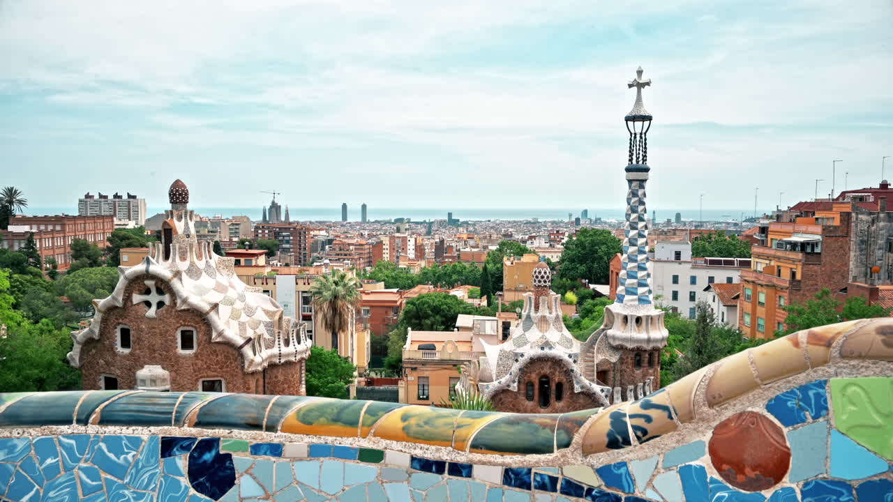 Panoramic view of Barcelona, multiple building's roofs, view from the Parc Guell, Spain