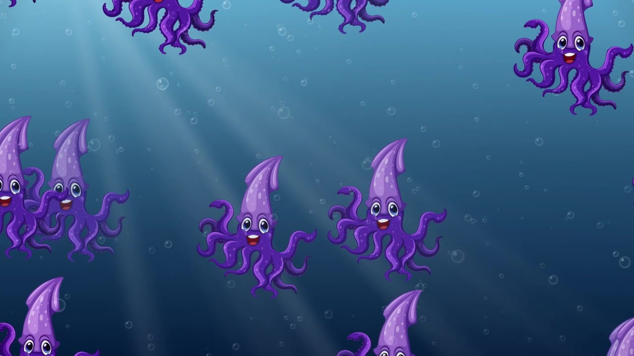 Calamari viola in stile cartone animato fluttuano nell'acqua blu profonda con raggi di luce e bolle galleggianti
