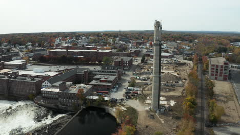 aerial shot of former merc smokestack and area in biddeford, maine