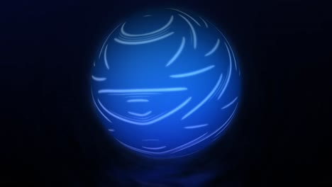 a looping abstract animation of a blue planet wrapped in moving white lines, rotating and casting a glowing shadow, with a blinking starfield in the background.