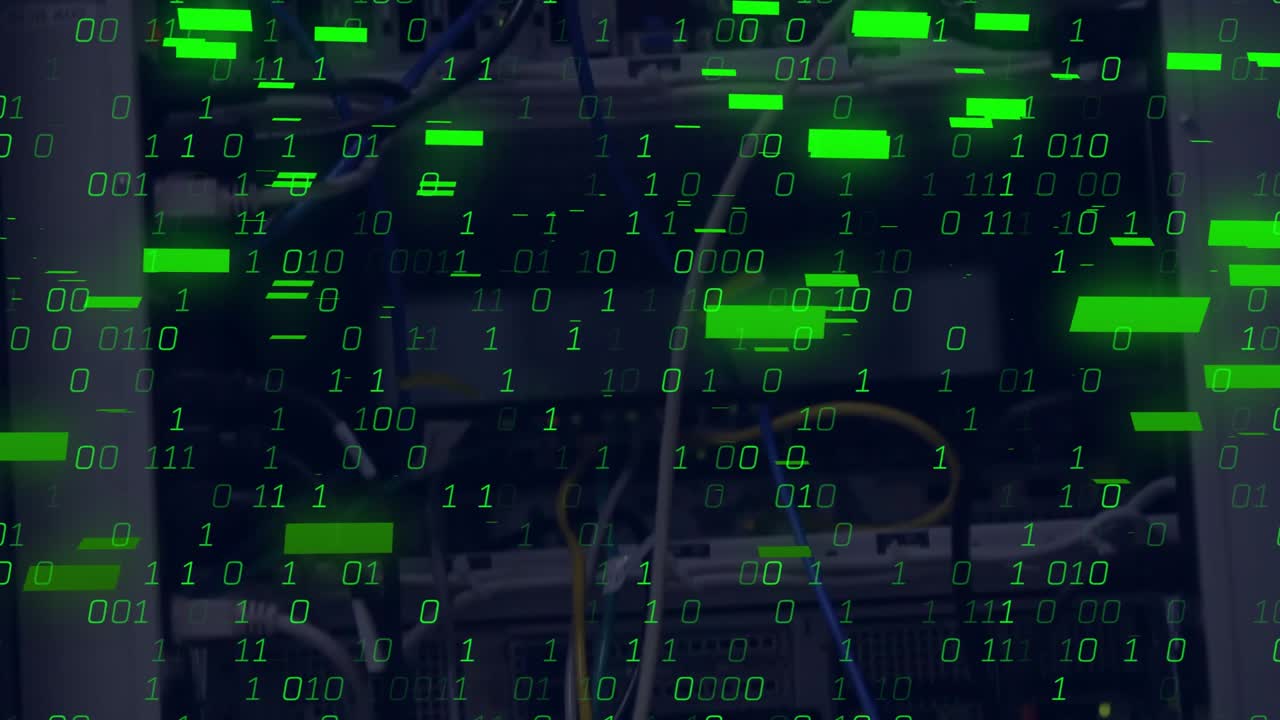 LED glow starting code overlaying server rack streaming binary code forming cyber-attack simulation