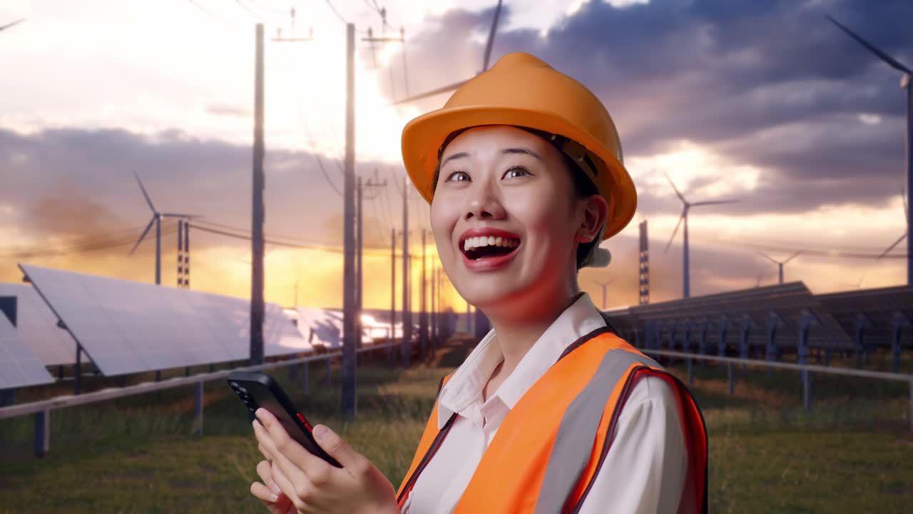 Close Up Side View Of Asian Female Engineer With Safety Helmet Using Smartphone And Looking Around With Solar Panel and Wind Turbines