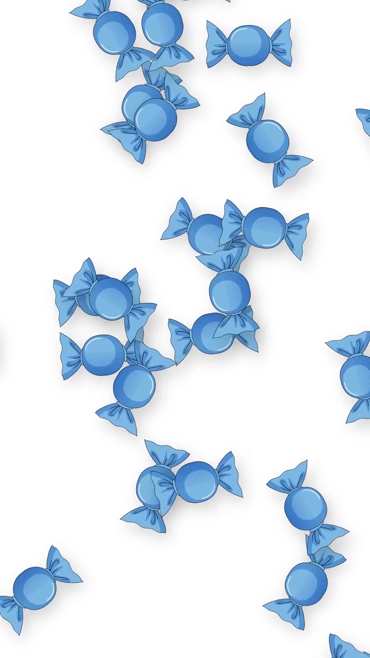 Caramelle blu incartate animate che cadono su sfondo bianco