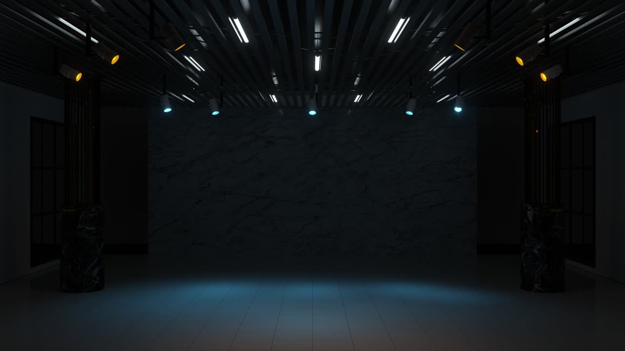 luces de enfoque en el cuarto oscuro, renderización en 3d.