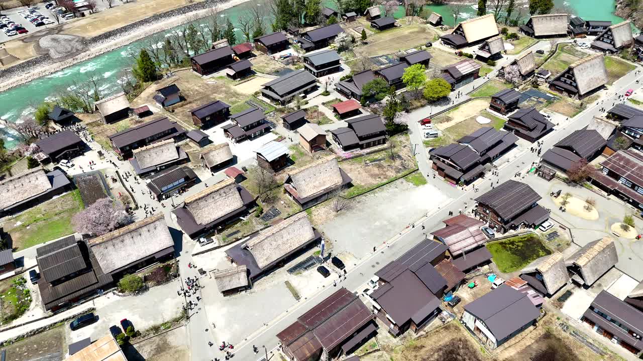 Shirakawago, Japan, Aerial. rotating village centre