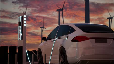 carga de automóviles eléctricos respetuosos con el medio ambiente en el fondo de turbinas eólicas. vista al atardecer de la estación ev con puerto conectado en el automóvil. representación 3d realista del concepto de energía alternativa. zoom out