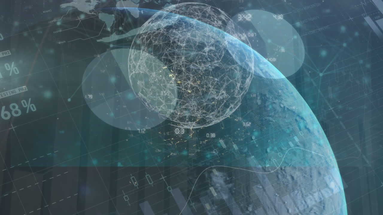 데이터, 그래프 및 지구를 가진 디지털 화면의 애니메이션