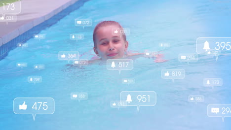 Child swimming in pool with social media notifications overlay animation