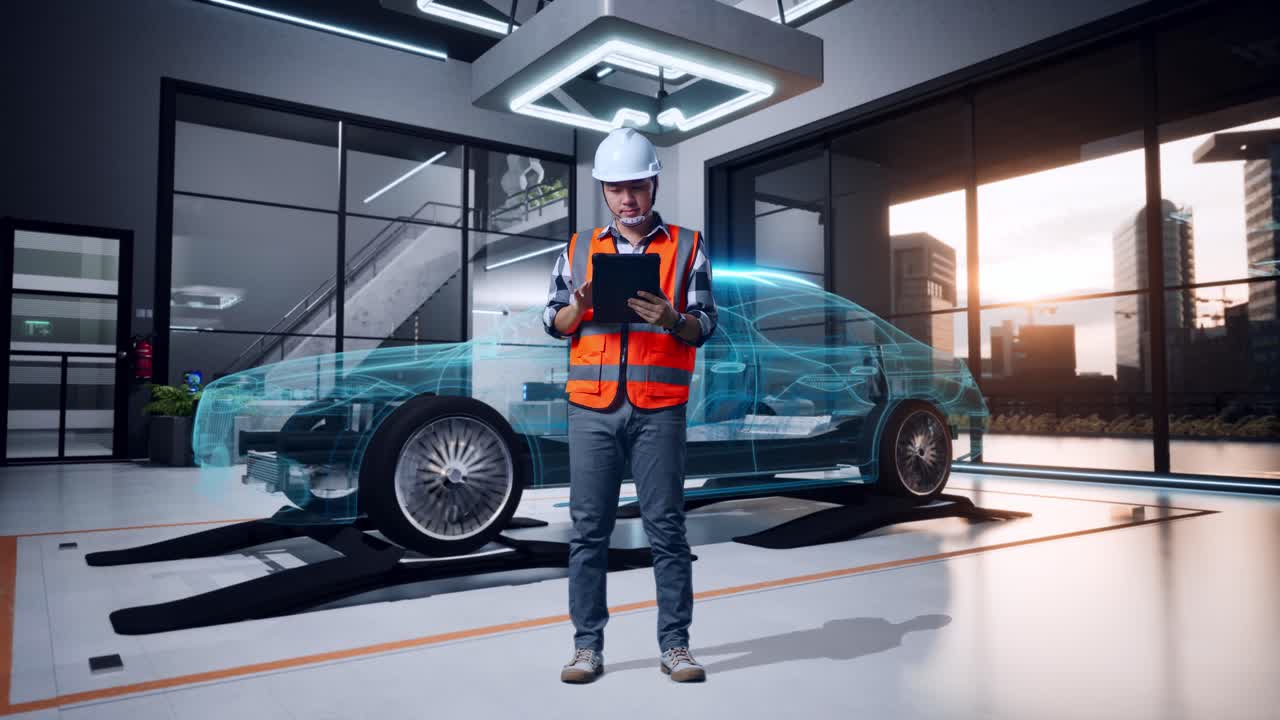 cuerpo lleno de ingeniero masculino asiático con casco de seguridad trabajando en una tableta mientras está de pie con el concepto de vehículo eléctrico, instalación industrial de alta tecnología