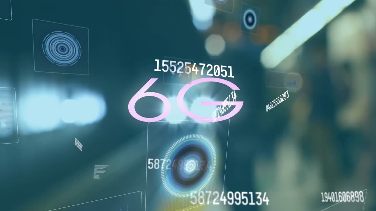 animación de texto 6g sobre procesamiento de datos y personas caminando por la calle.
